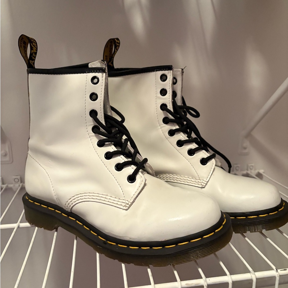 Dr. Martens White Leather Boots with Black Laces and Yellow Stitching